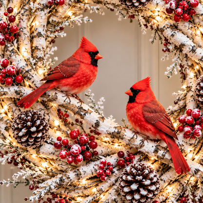 🔥❤️Frosted Woodland Cardinal Wreath – Festive Illuminated Entryway Decor