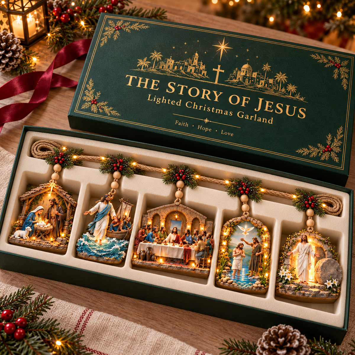 ✝️✨ The Story of Jesus – 5-Scene Lighted Christmas Mantel Garland 🎄