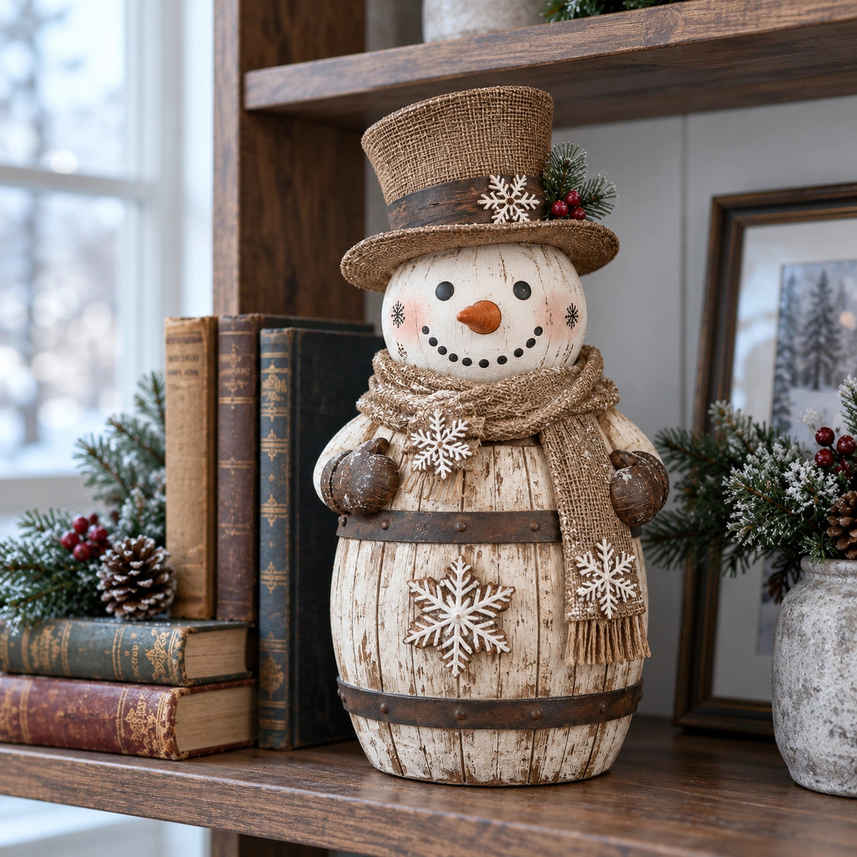 🔥Rustic Whitewashed Barrel Snowman Decor
