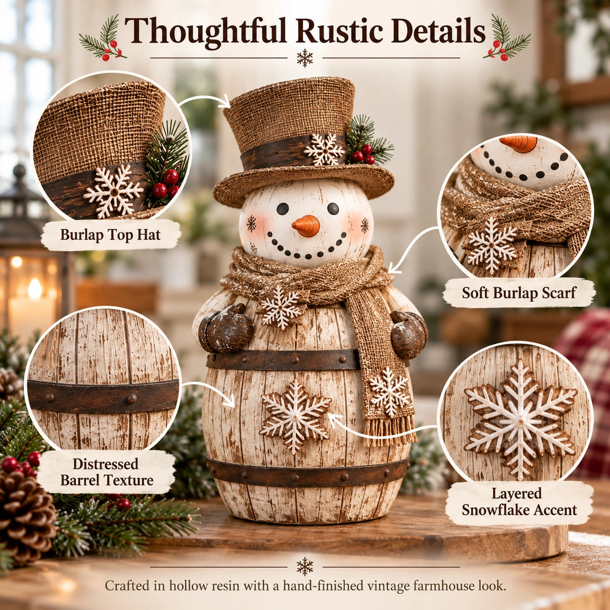 🔥Rustic Whitewashed Barrel Snowman Decor