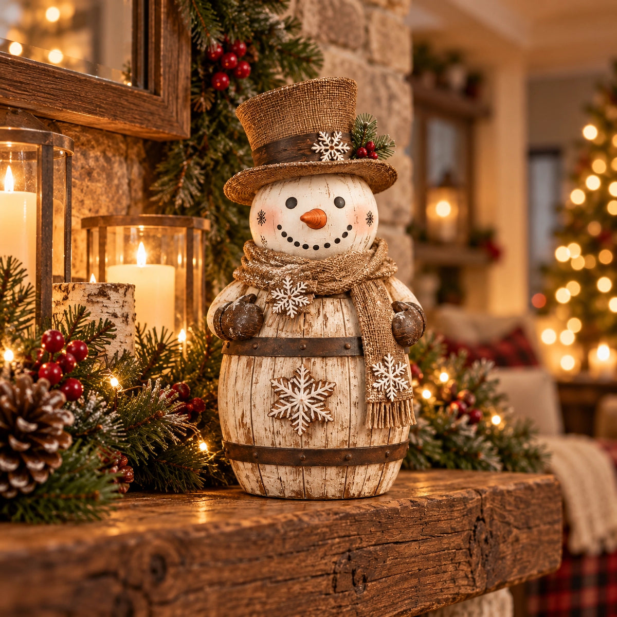 🔥Rustic Whitewashed Barrel Snowman Decor