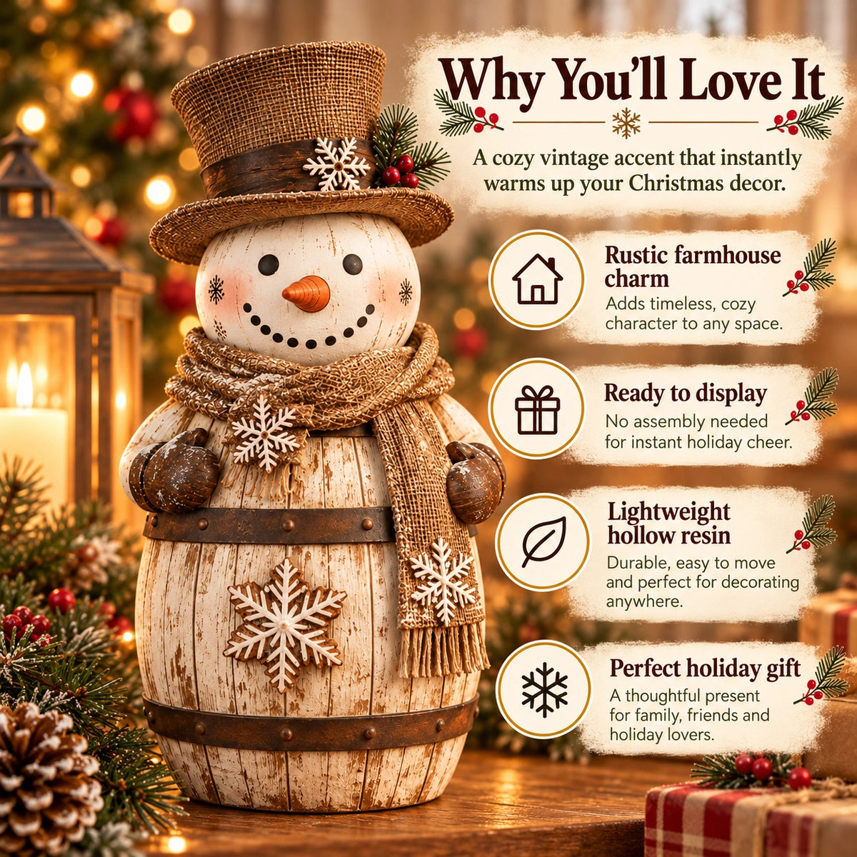 🔥Rustic Whitewashed Barrel Snowman Decor