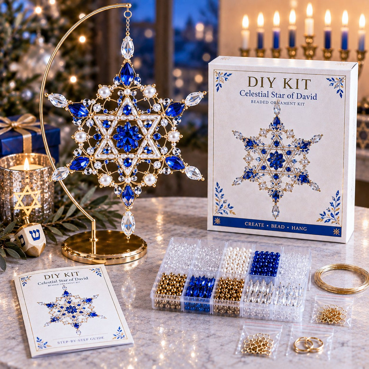 🧘Relaxing & Beginner-Friendly —💙Hanukkah Crystal Beaded Ornament DIY Kit✨
