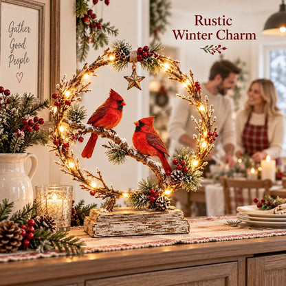 ❤️🐦 Cardinal Glow – Lighted Wreath Tabletop Decor