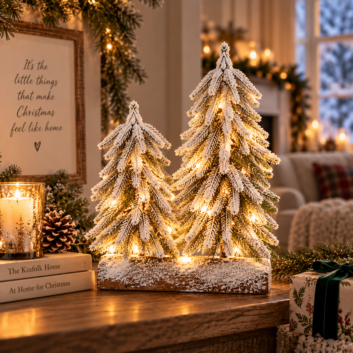 Two-tree snowy woodland duo lit in a cozy Christmas room