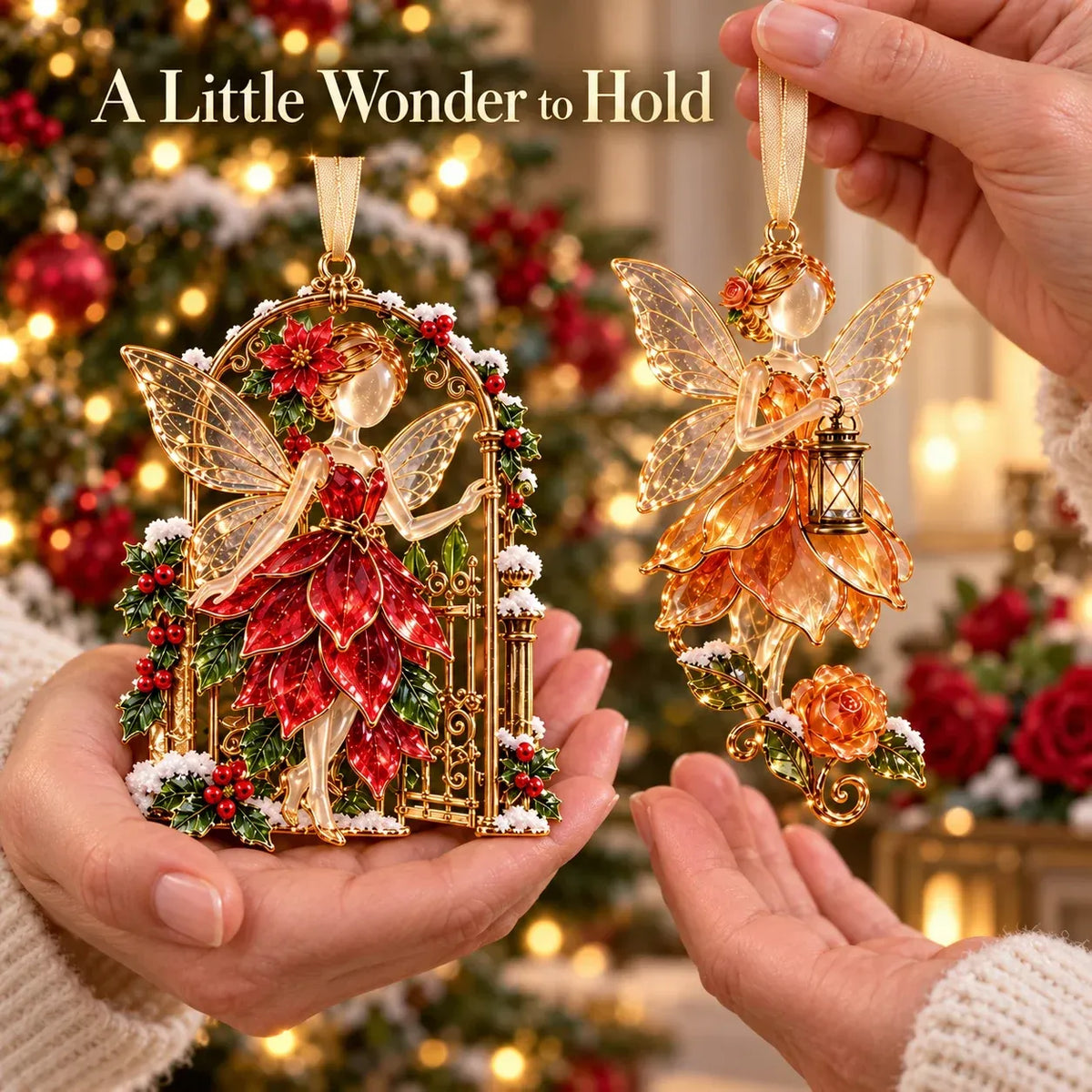 Hands displaying the red poinsettia garden gate fairy and amber lantern fairy