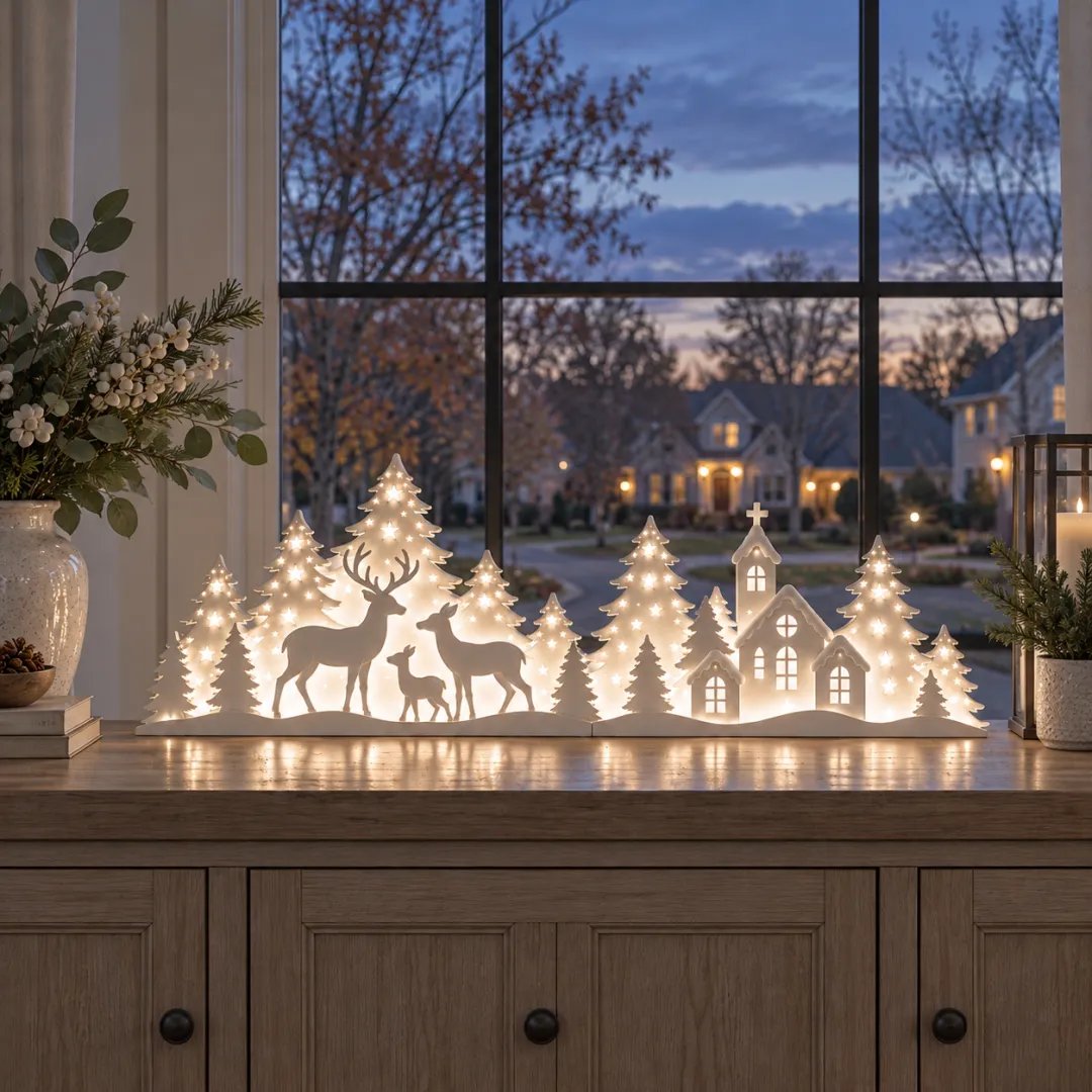 🦌 LED Christmas Deer & Village Window Decor | 2-Piece Lighted Scene