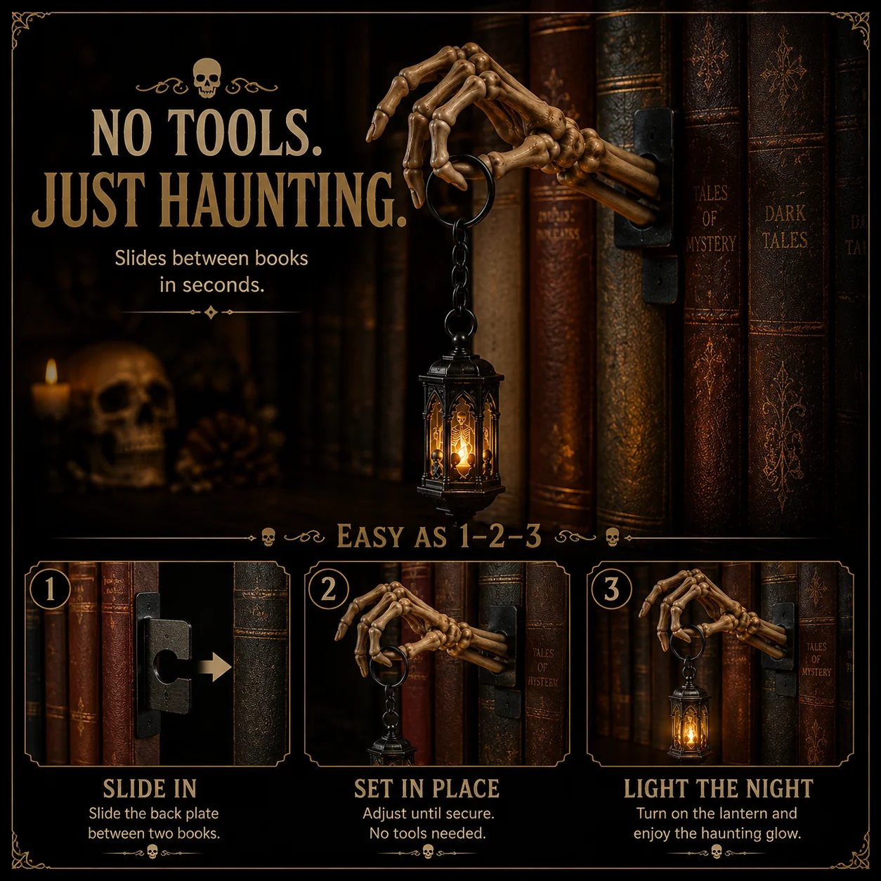 ⏳ Last Day 49% OFF – 💀Skeleton Hand Lantern – Gothic Warm Glow Bookshelf Décor