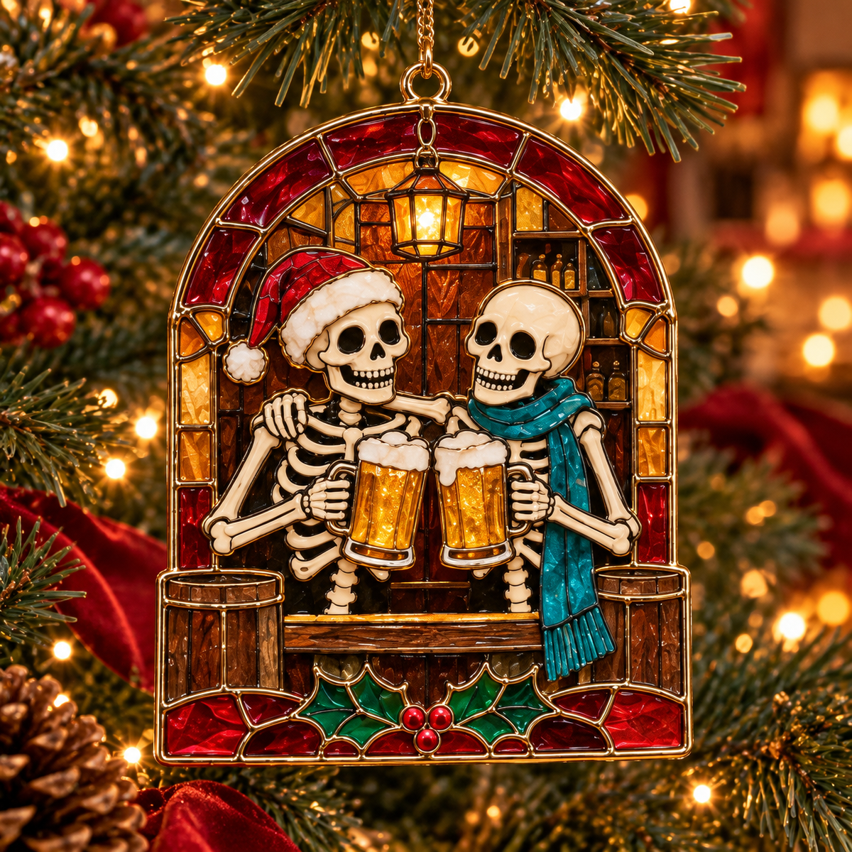 ✨Friends for Eternity – Vintage Stained Glass Style Skeleton Christmas Ornaments