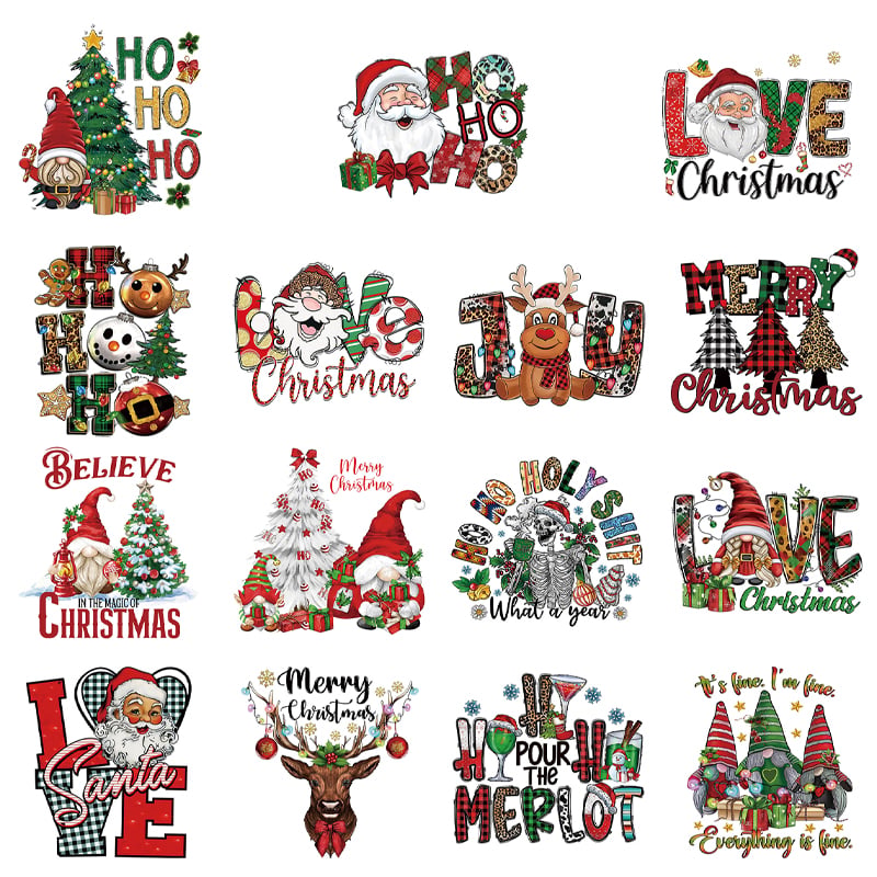 Full Christmas collection showing fifteen transfer designs with Santa, gnomes, reindeer and festive lettering