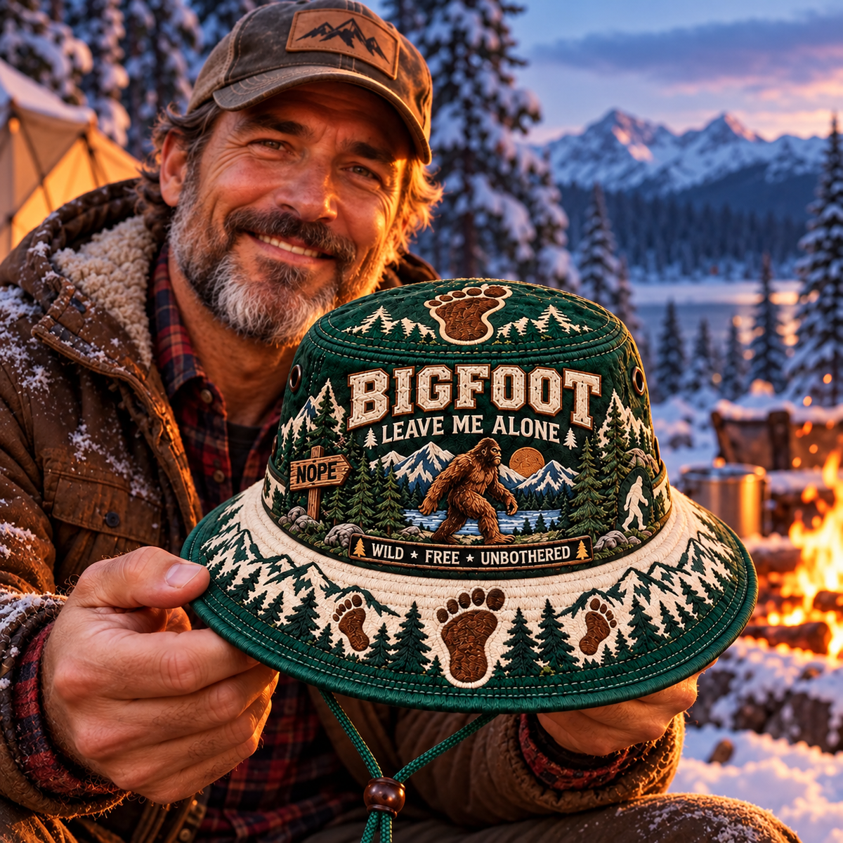 🦶🌲 Bigfoot “Leave Me Alone” Embroidered Boonie Hat — Wild, Free & Unbothered