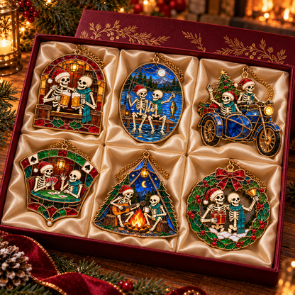 ✨Friends for Eternity – Vintage Stained Glass Style Skeleton Christmas Ornaments
