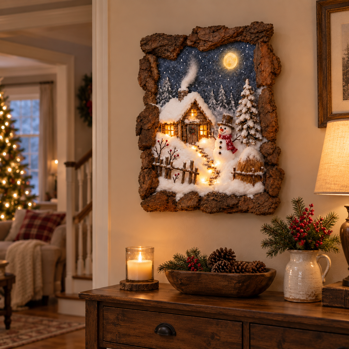 Winter Village Glow™ 3D Lighted Christmas Wall Art – Rustic Snowy Village Diorama with Warm LED Lights