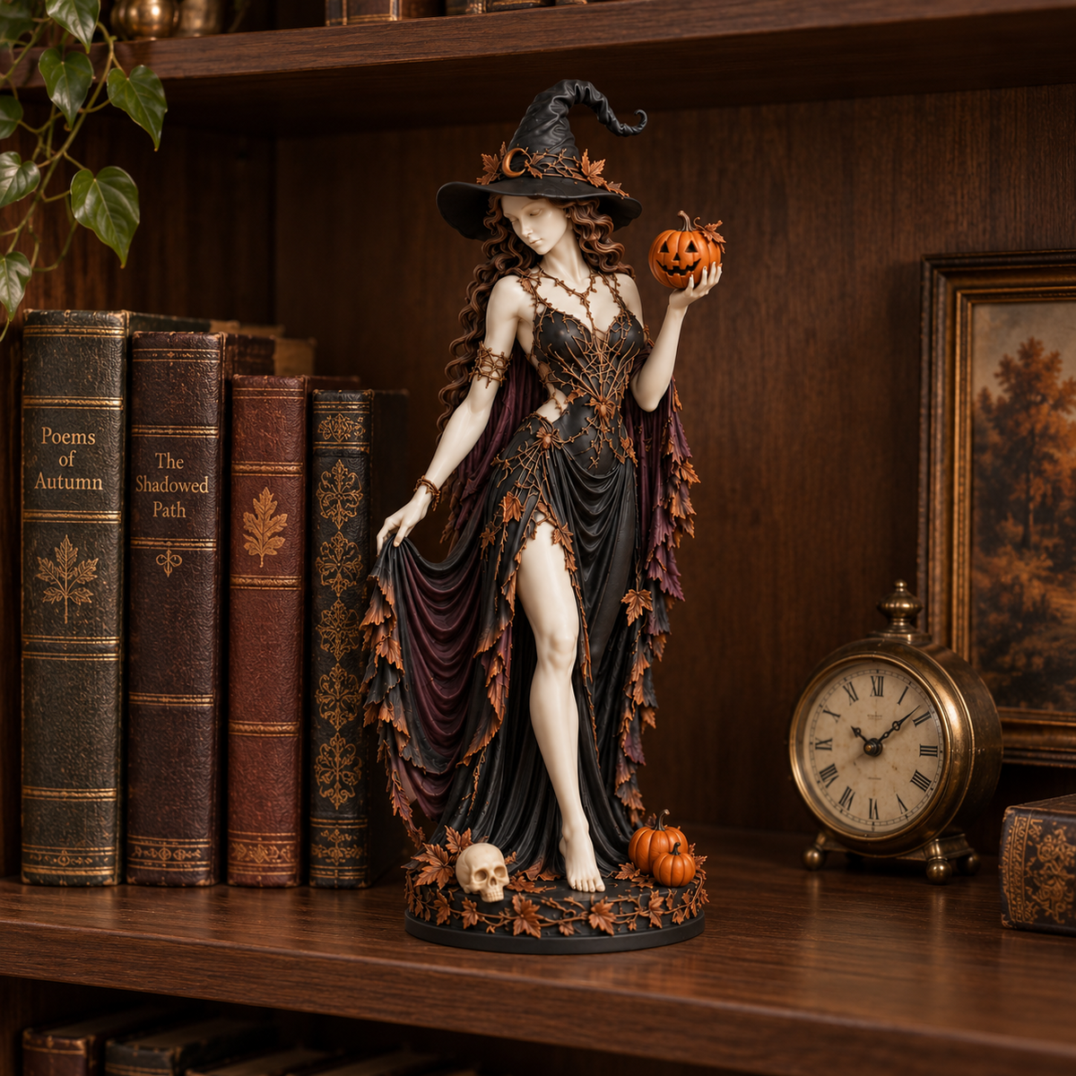 Witch figurine displayed on a dark wooden bookshelf beside vintage books and a clock