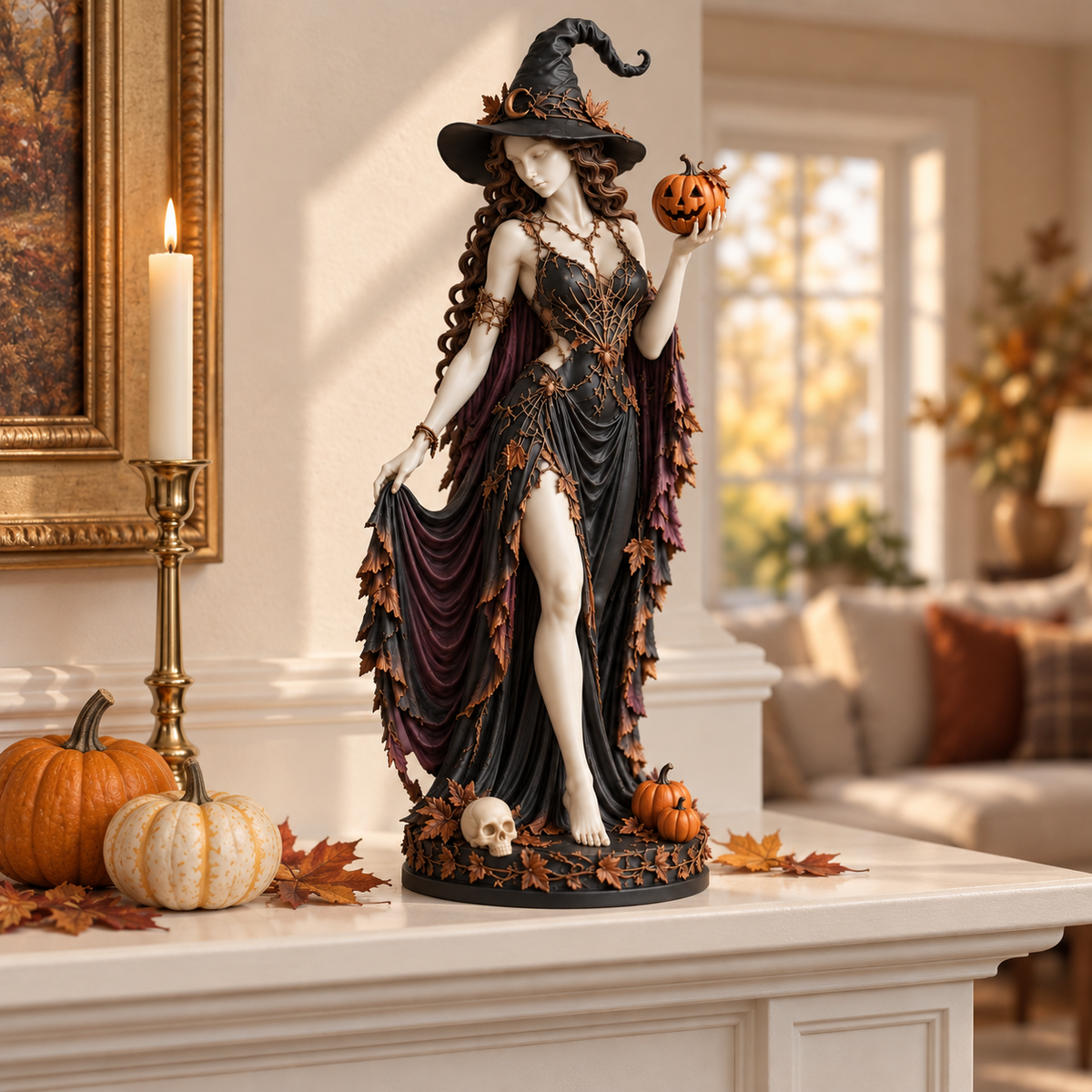 Witch figurine on a cream mantel beside autumn pumpkins and a brass candlestick