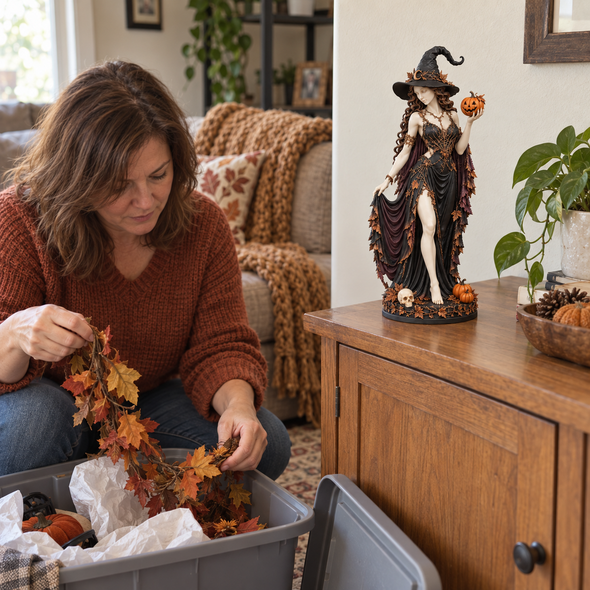 Woman unpacking autumn decorations while the witch figurine stands on a nearby cabinet