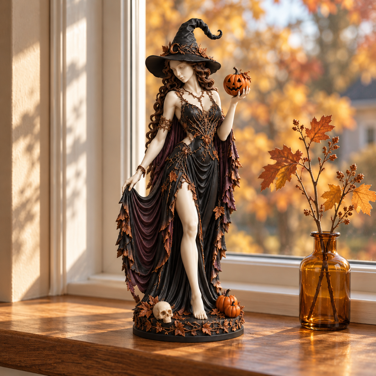 Witch figurine on a wooden windowsill beside an amber vase with golden autumn leaves outside
