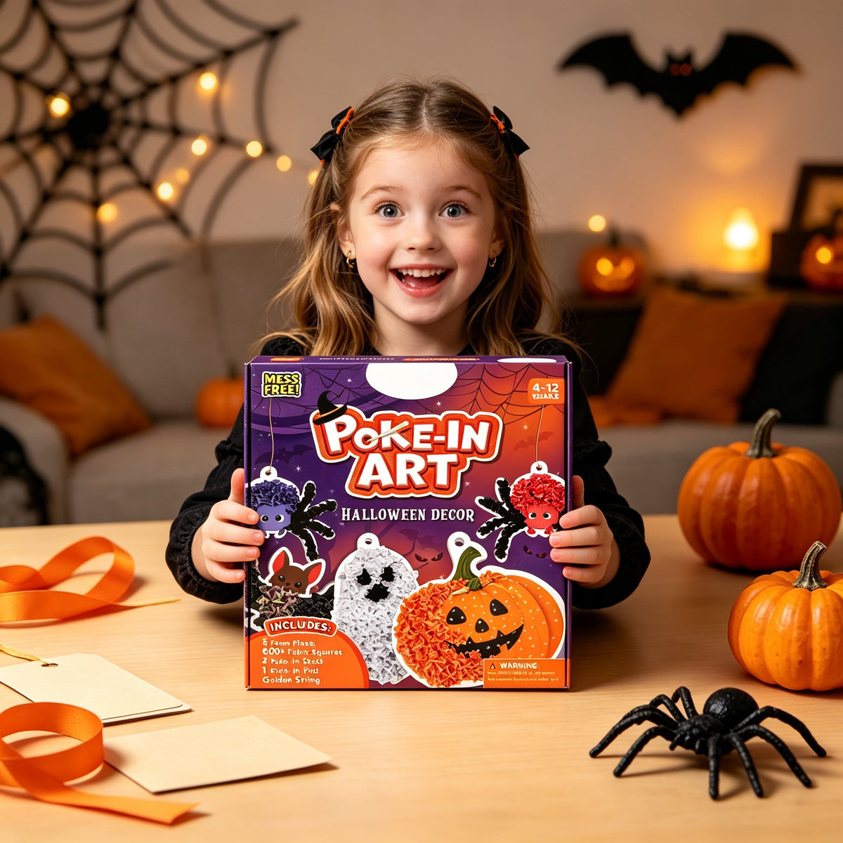 Girl holding Halloween Poke-In Art craft kit