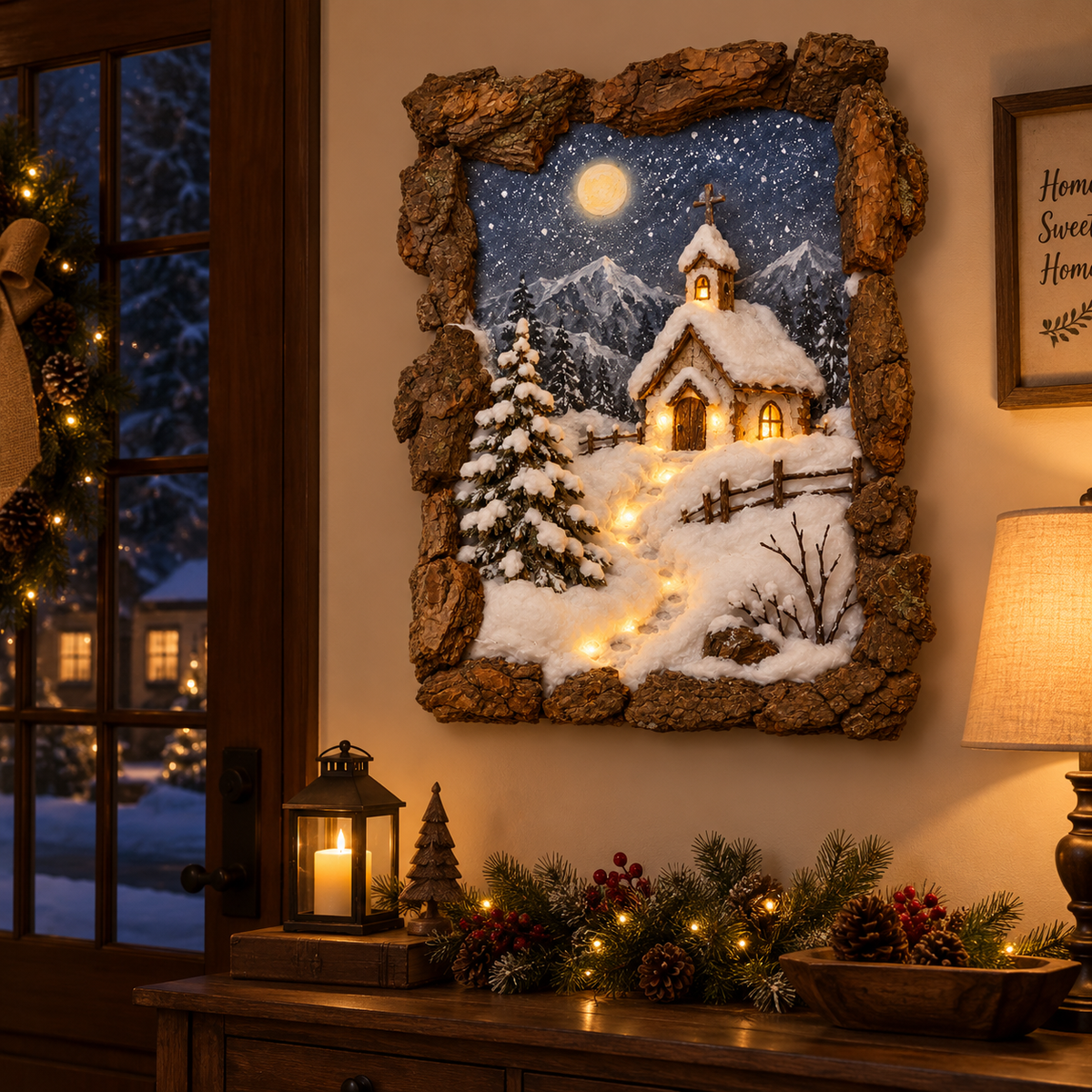 Close-up of the rustic bark-framed snow village wall decor.
