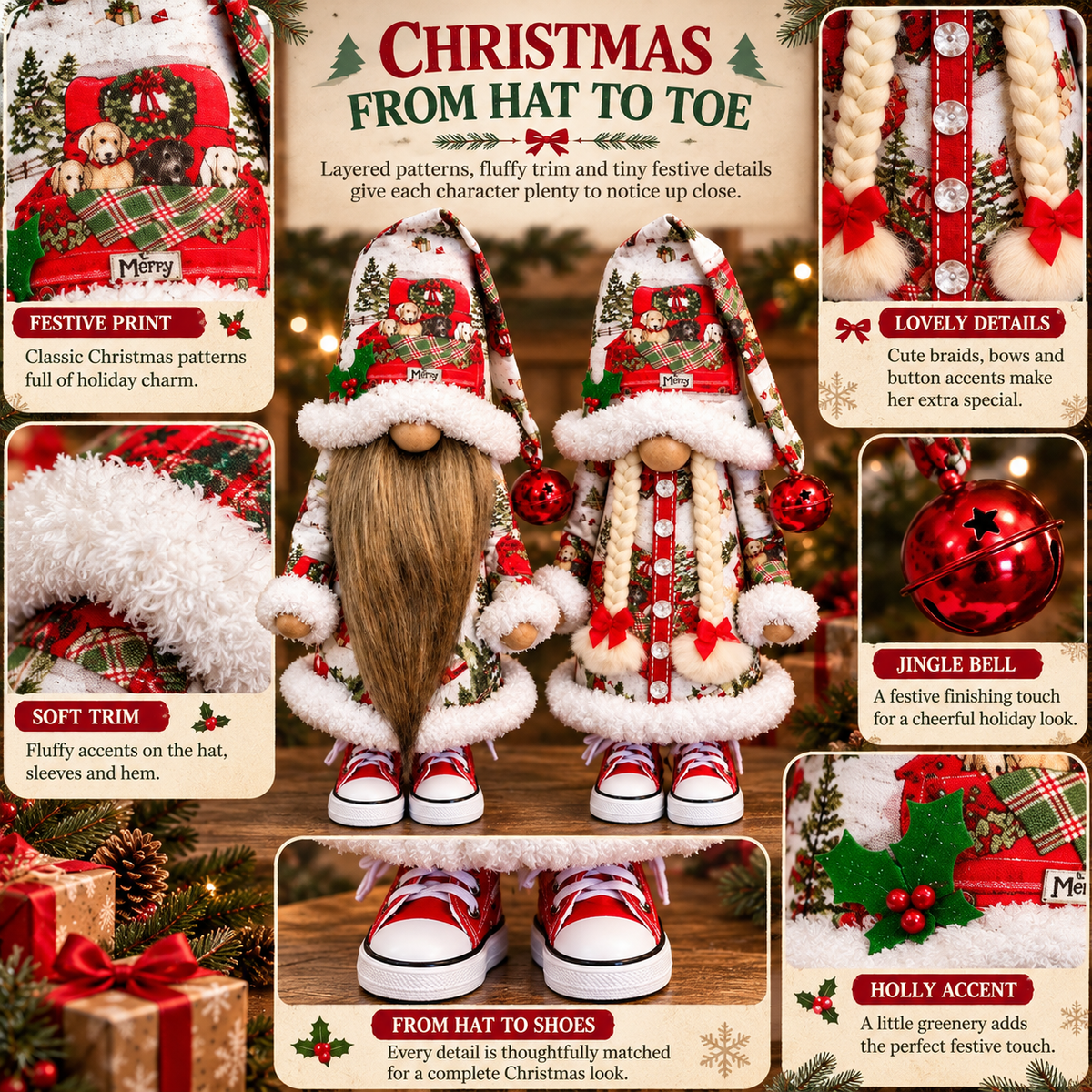 Close views of the Christmas hat print, fluffy trim, bell, and red shoes