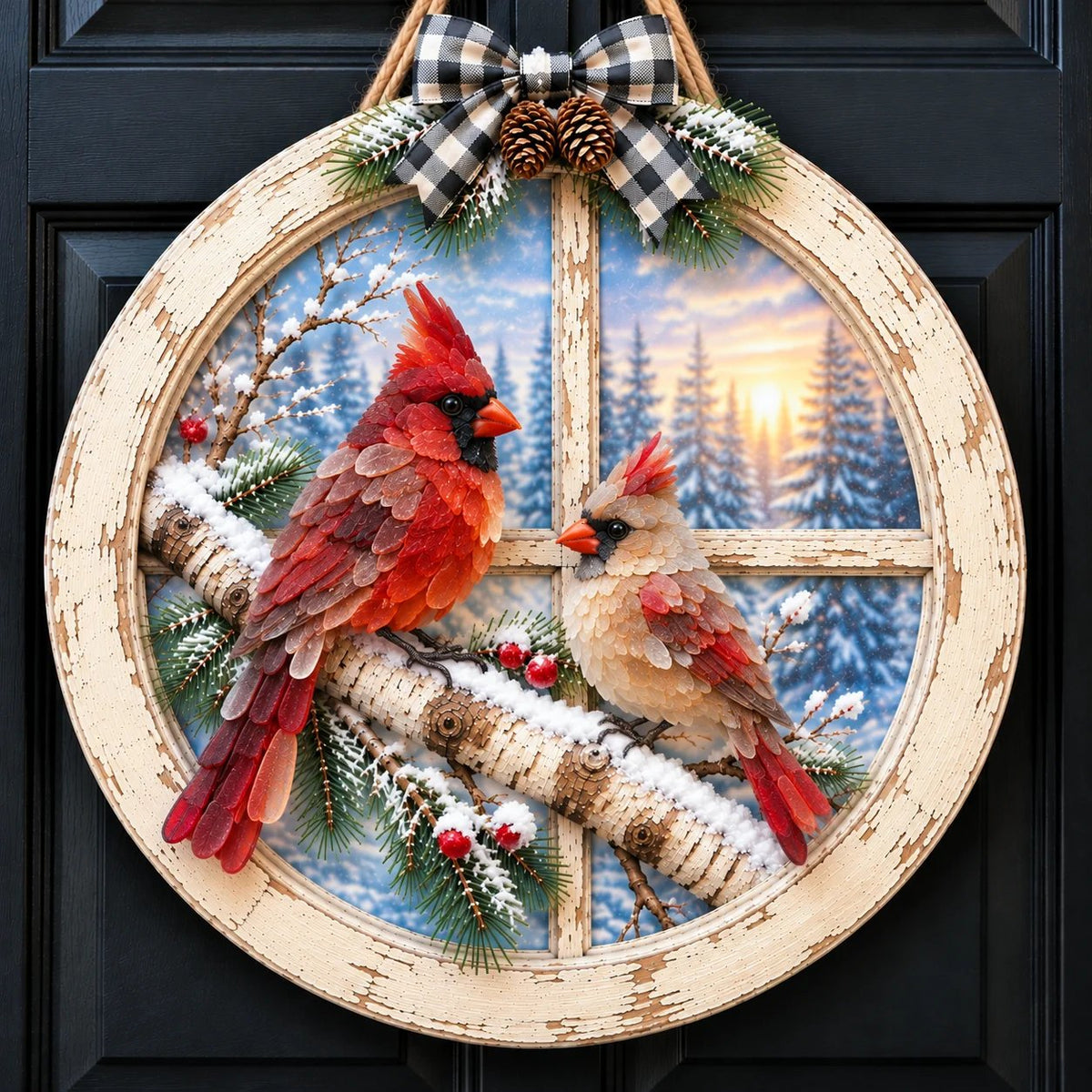 Two cardinals perched together on a snowy birch-style branch inside the decorative window frame