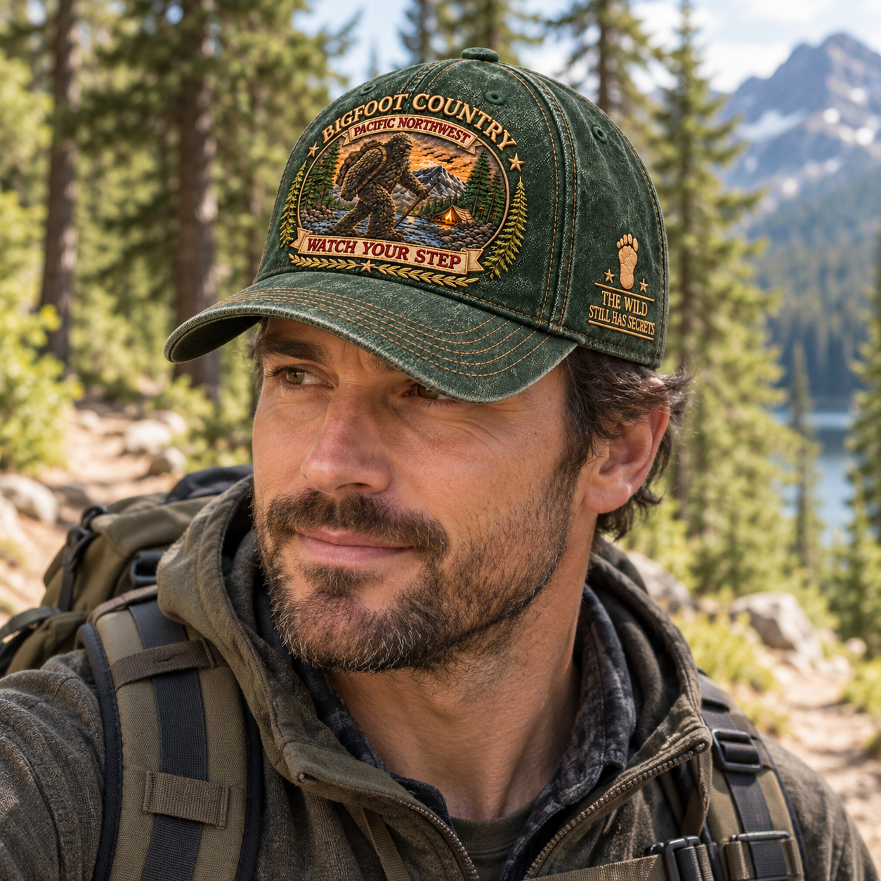 Forest Green Bigfoot Country Cap worn on a mountain trail
