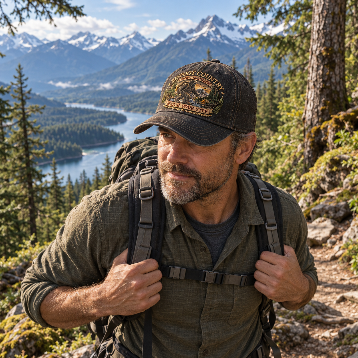 Bigfoot Country Cap worn outdoors in the mountains