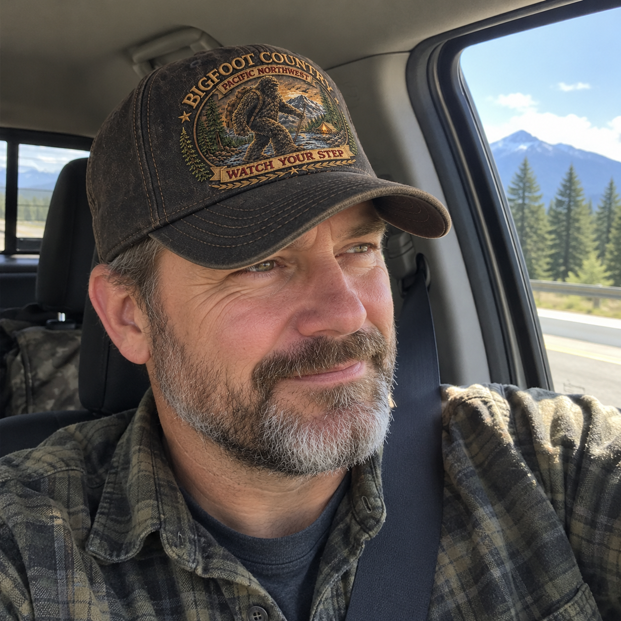 Bigfoot Country Cap worn on a mountain road trip