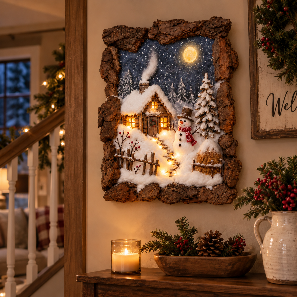 Winter Village Glow™ 3D Lighted Christmas Wall Art – Rustic Snowy Village Diorama with Warm LED Lights