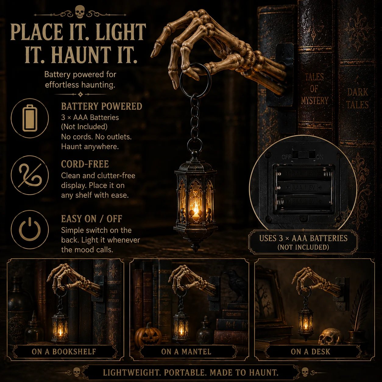 ⏳ Last Day 49% OFF – 💀Skeleton Hand Lantern – Gothic Warm Glow Bookshelf Décor