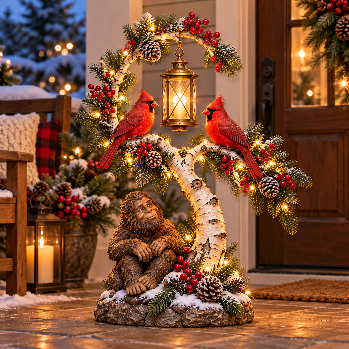 Sasquatch cardinal winter decoration styled as an entrance centerpiece