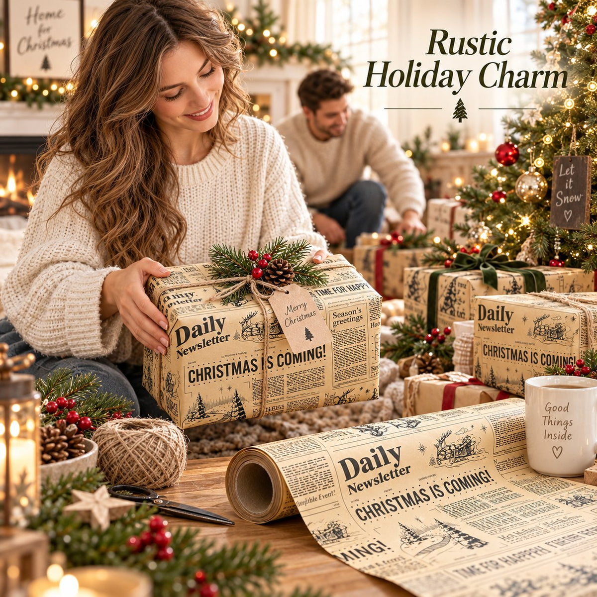 🔥😍Retro Christmas Newsprint Paper Roll📰🎁