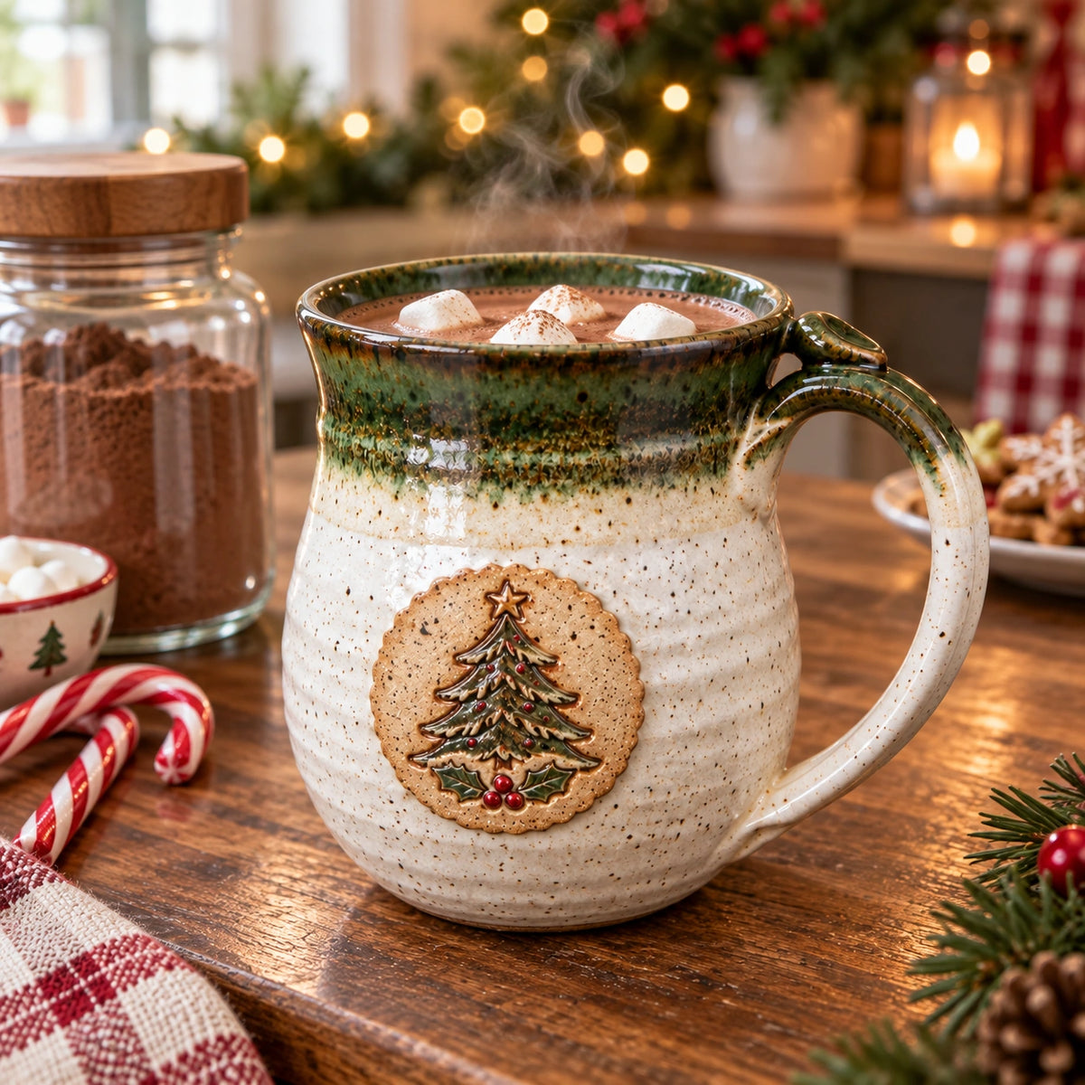Christmas mug filled with hot cocoa and marshmallows beside candy canes