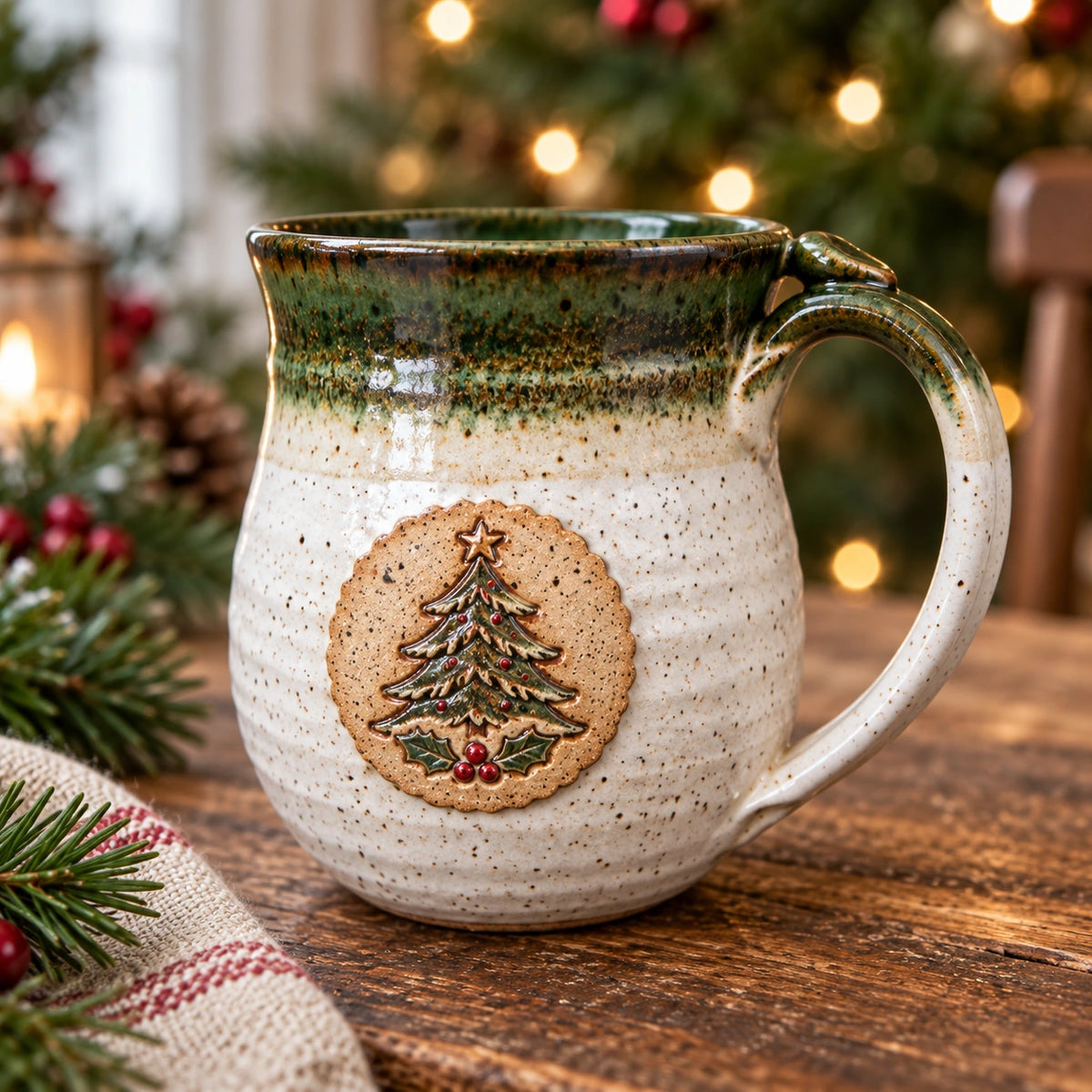 Cream speckled ceramic mug with a deep green rim and raised Christmas tree medallion