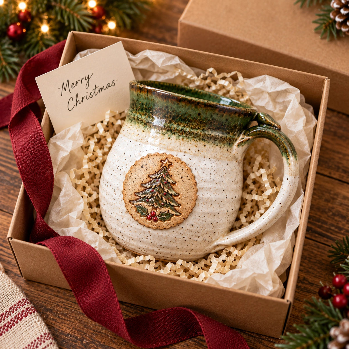 Christmas mug styled in a kraft gift box with cream tissue and a burgundy ribbon