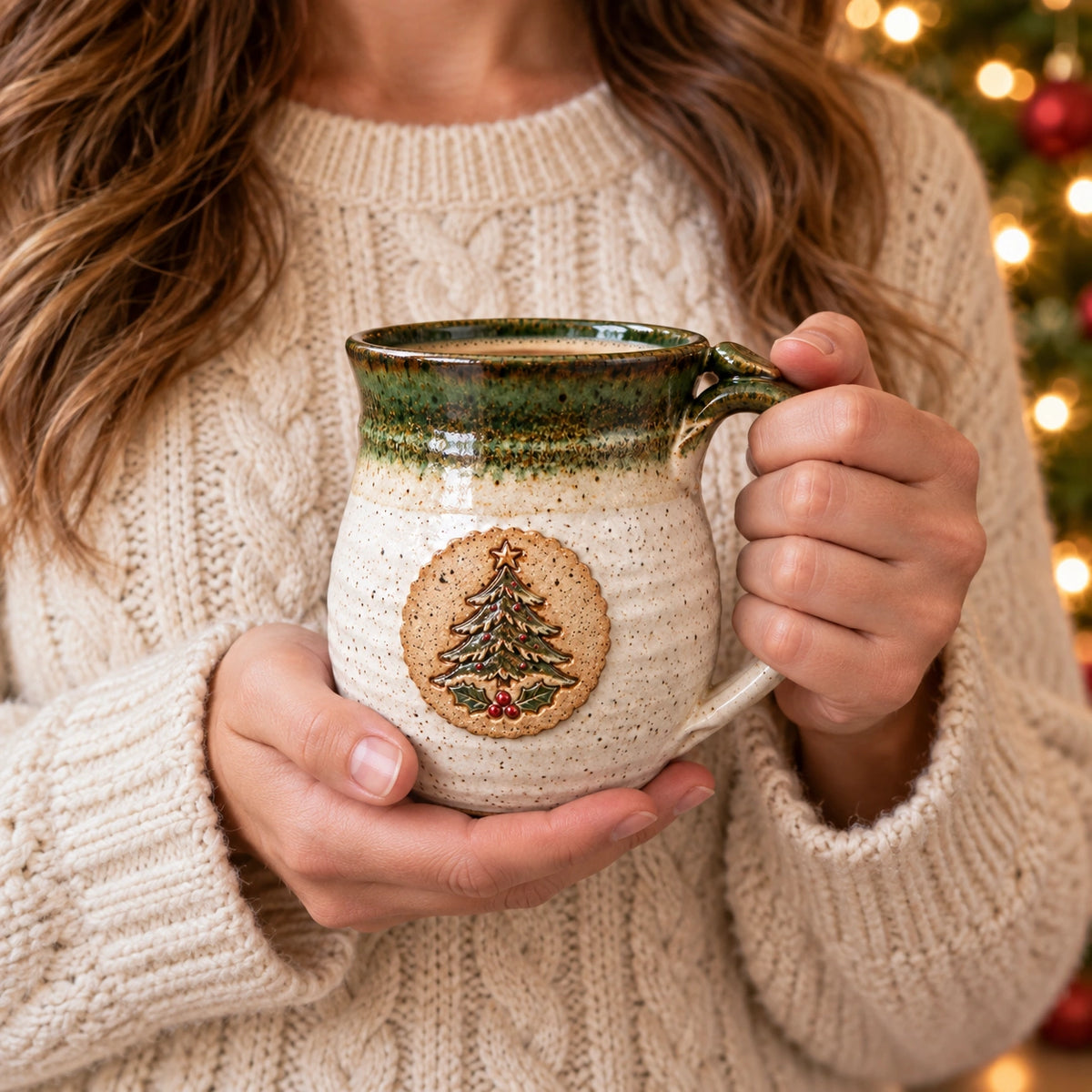 Woman in a cream knit sweater holding the Christmas tree mug