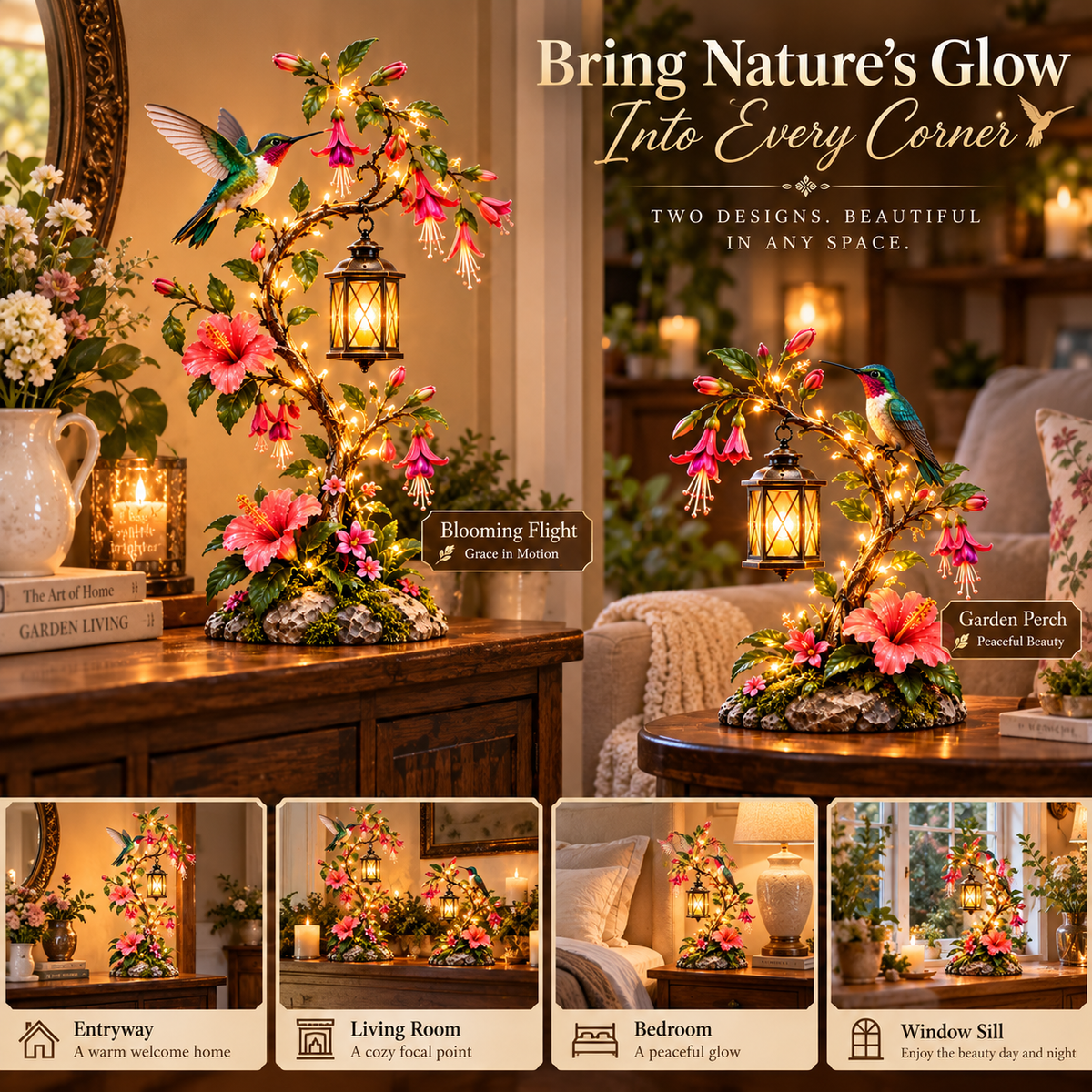 🌺🌺 Hummingbird Garden Glow Lantern – Lighted Floral Tabletop Décor