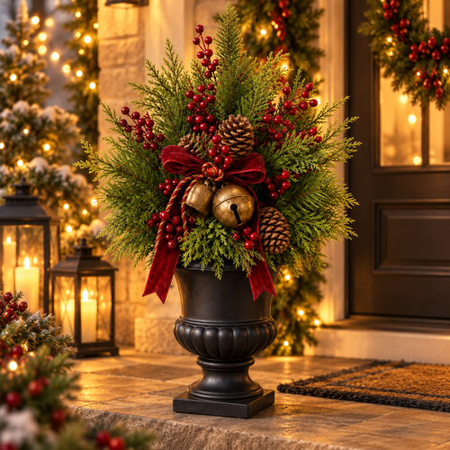 24-Inch Pre-Lit Artificial Christmas Evergreen Urn Filler with Berries, Pinecones & Vintage Bells