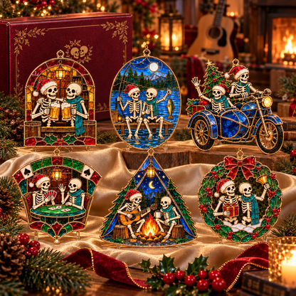 ✨Friends for Eternity – Vintage Stained Glass Style Skeleton Christmas Ornaments
