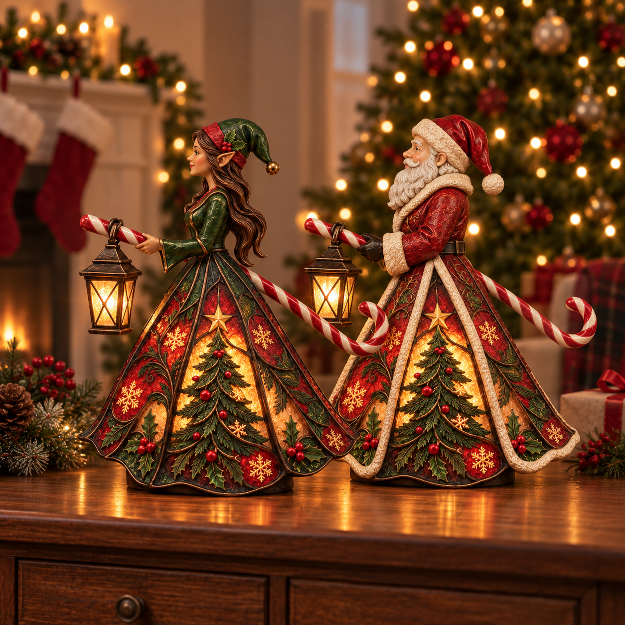 Christmas elf and Santa figurines with glowing lanterns and decorated robes