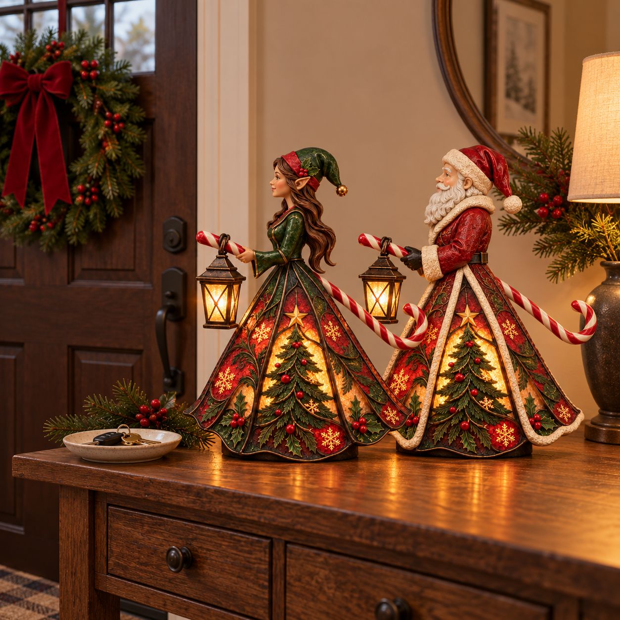 Santa and elf lamps on an entryway console facing a door with a Christmas wreath