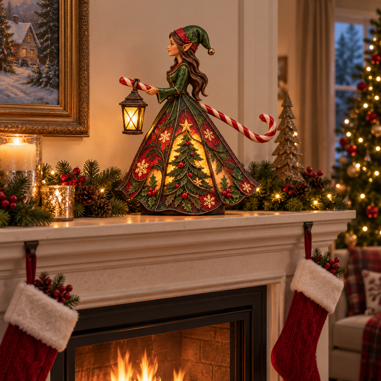 Christmas elf displayed on a mantel above red Christmas stockings
