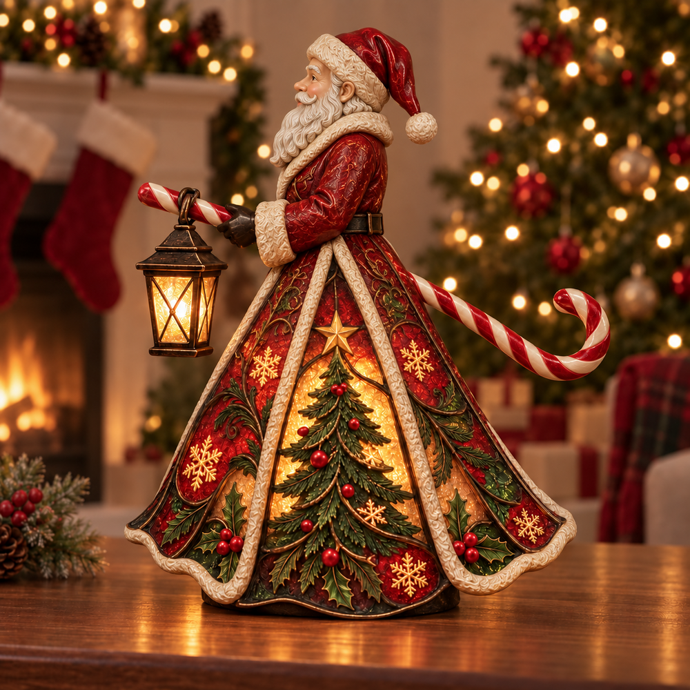 Santa Christmas figurine holding a candy cane with a hanging lantern