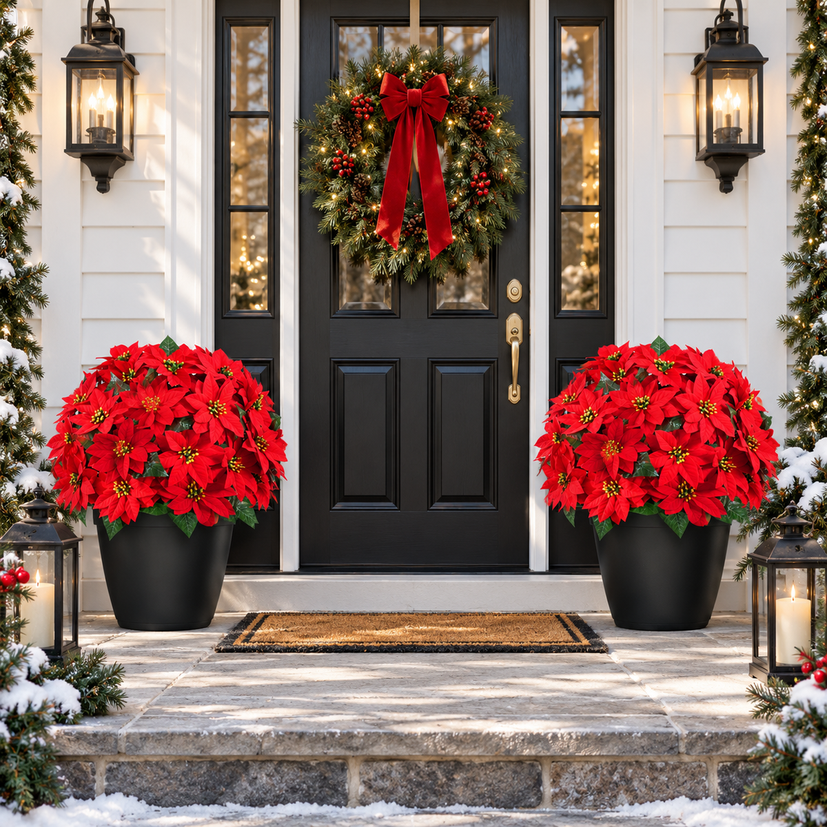 Christmas Poinsettia Porch Stakes , Artificial Holiday Plants for Indoor & Outdoor Decor