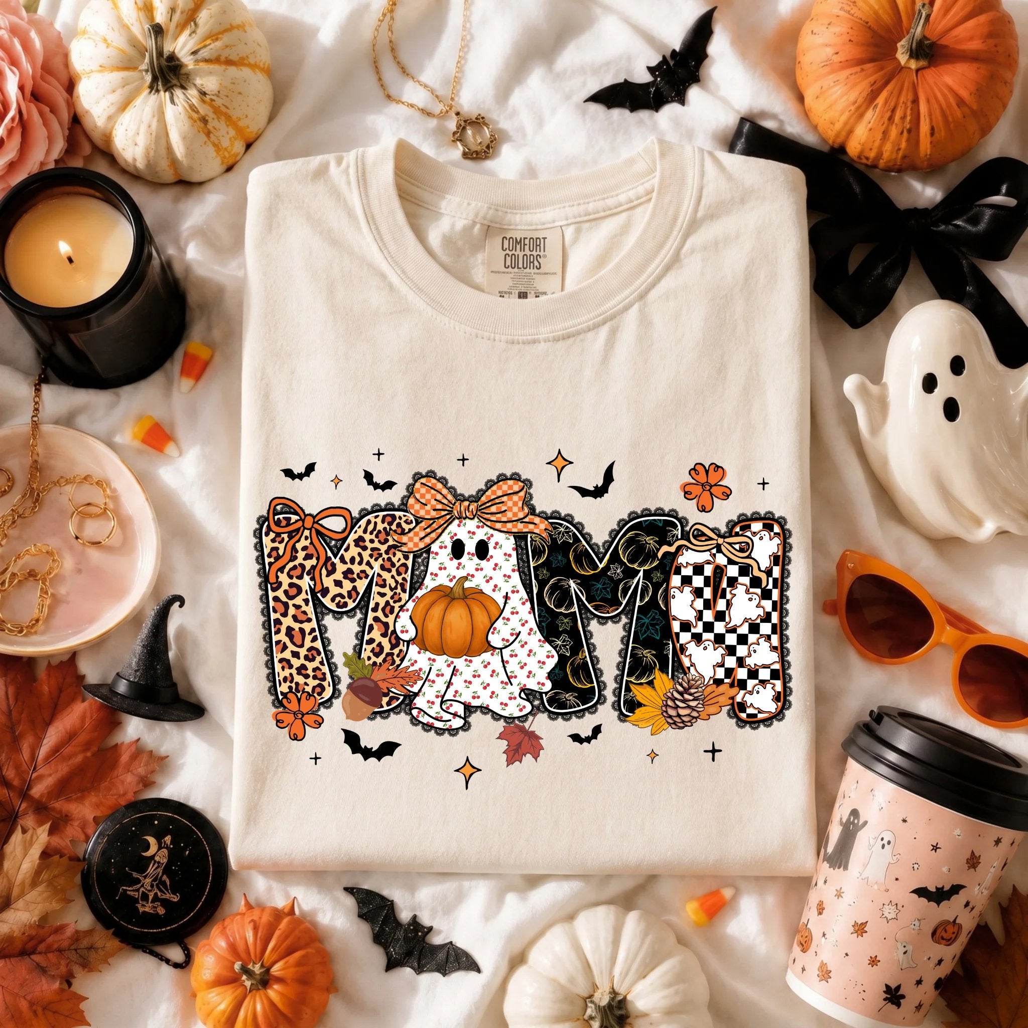 Gift project inspiration with a cream shirt featuring autumn Mom lettering and ghost artwork