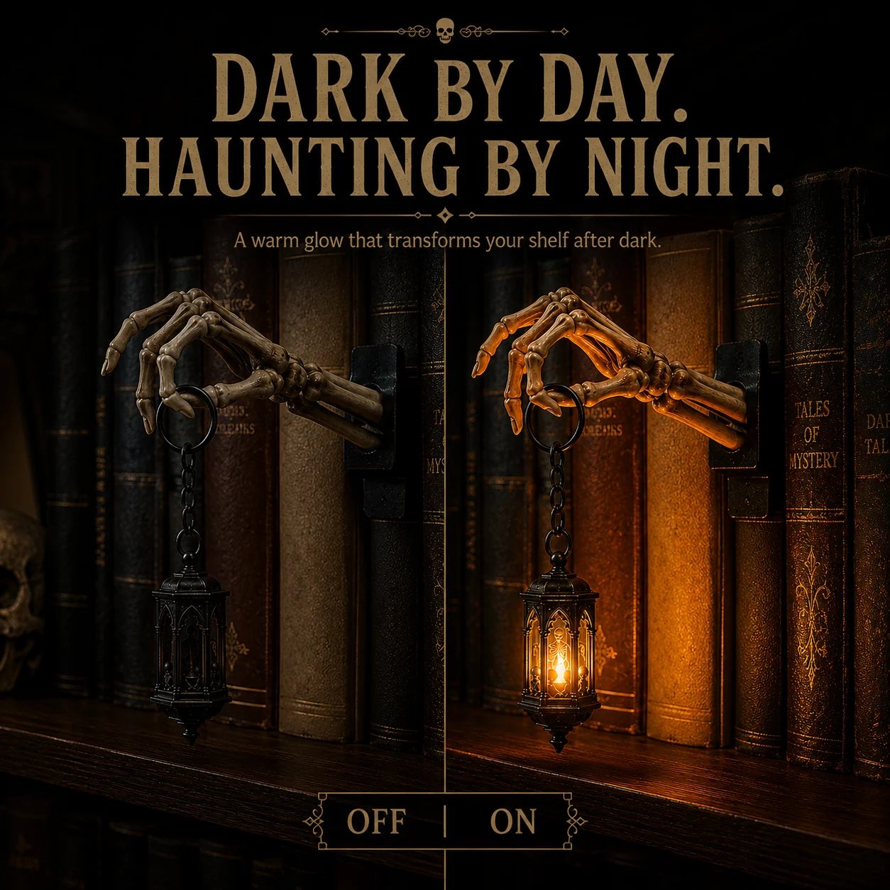 ⏳ Last Day 49% OFF – 💀Skeleton Hand Lantern – Gothic Warm Glow Bookshelf Décor