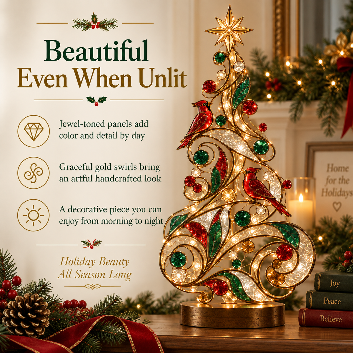 Lighted Stained Glass-Inspired Christmas Tree Tabletop Decor with Cardinal