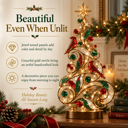 Lighted Stained Glass-Inspired Christmas Tree Tabletop Decor with Cardinal