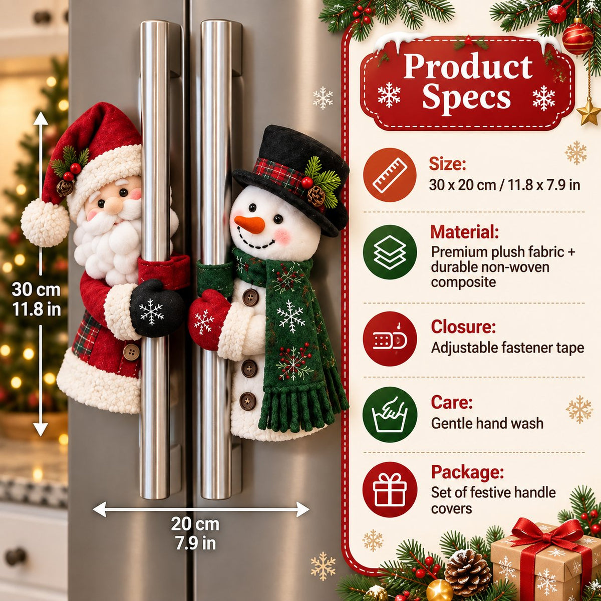 Product specification chart showing 30 by 20 centimeters, plush material, adjustable closure and hand-wash care