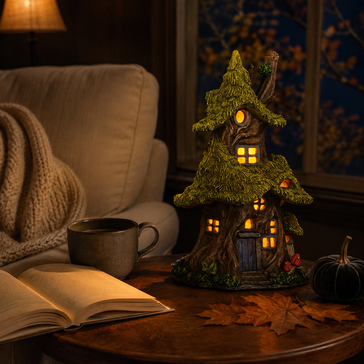 Whimsical Lighted Enchanted Moss Tree House with Timer